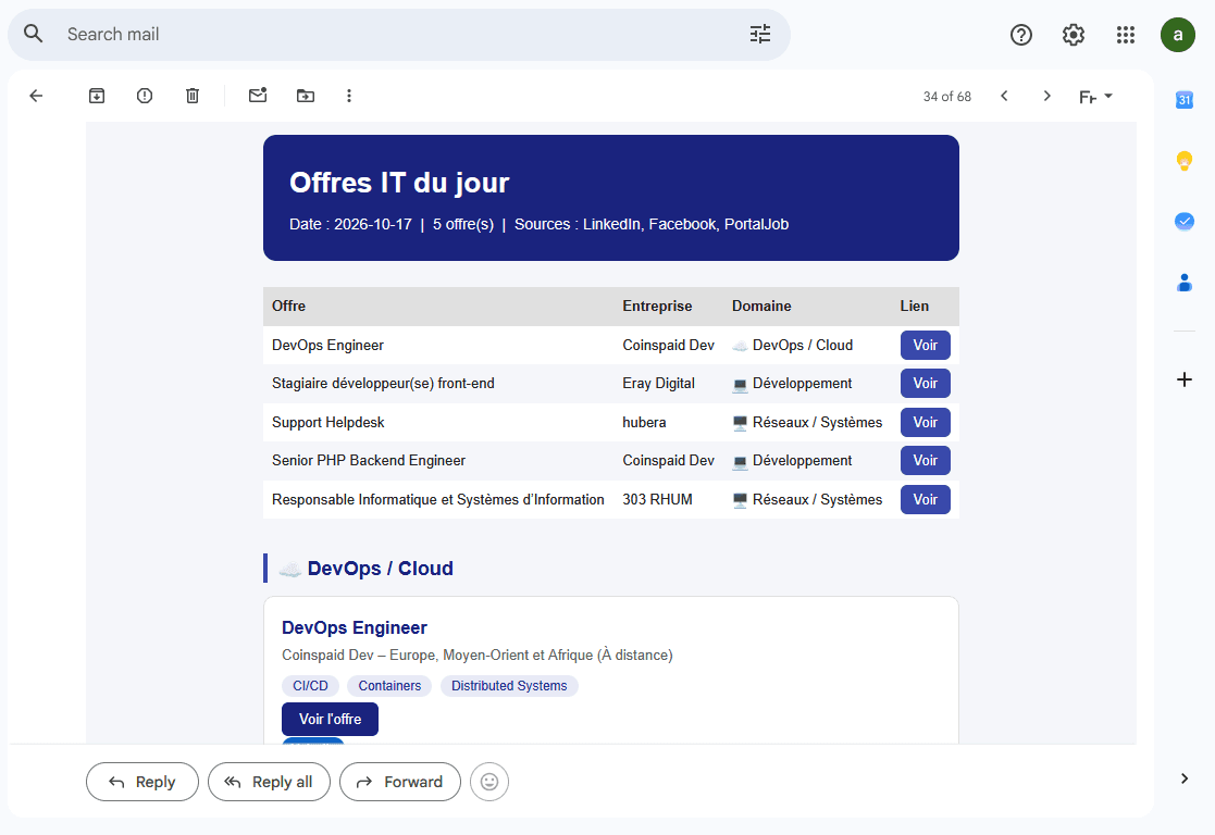 Agrégation quotidienne d'offres d'emploi IT à Madagascar (LinkedIn, Facebook, PortalJob) avec rendu HTML par IA et envoi par email.